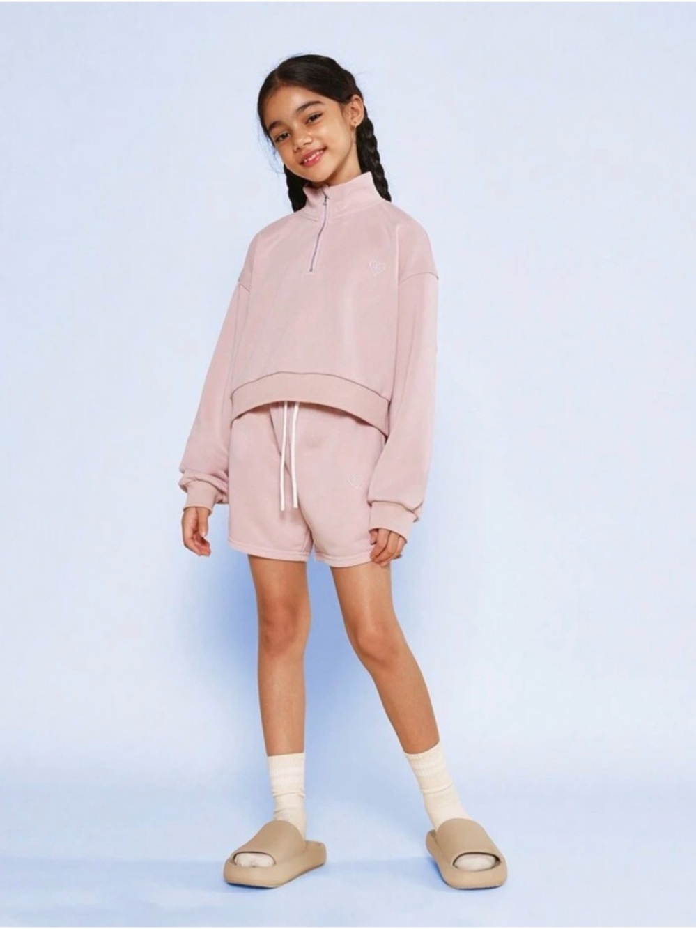SHEIN Pink Girls' 2-Piece Quarter Zip Sweatshirt & Shorts Set
